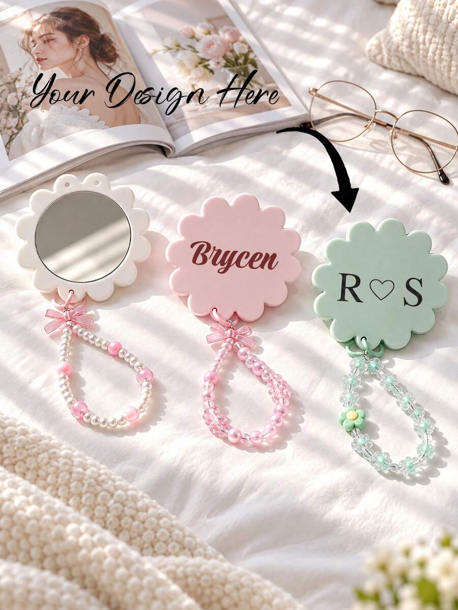 Custom Name Print Custom Hand Mirror, Cute Flower Shape Compact Mirror, Beaded Wrist Strap Keychain Mirror, Women's Gift, Best Gift For Mom And Teacher, Perfect For Birthday, Work, Commute, Outdoor, Travel, Christmas Gift - Multicolor - View 1