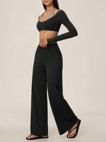 TimeOff Women's One Set Autumn/Winter Solid Color High Neck Long Sleeve Top With Side Pockets And Pleated Wide-Leg Pants - Black - View 5