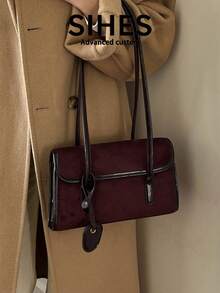 1pc Solid Color Suede New Women's Bag, Shoulder Bag, Fashion Square Handbag, Baguette Bag, Magnetic Closure, Dual Handles, Suitable For Commuting, Shopping, Dating, Shopping - Coffee - View 2