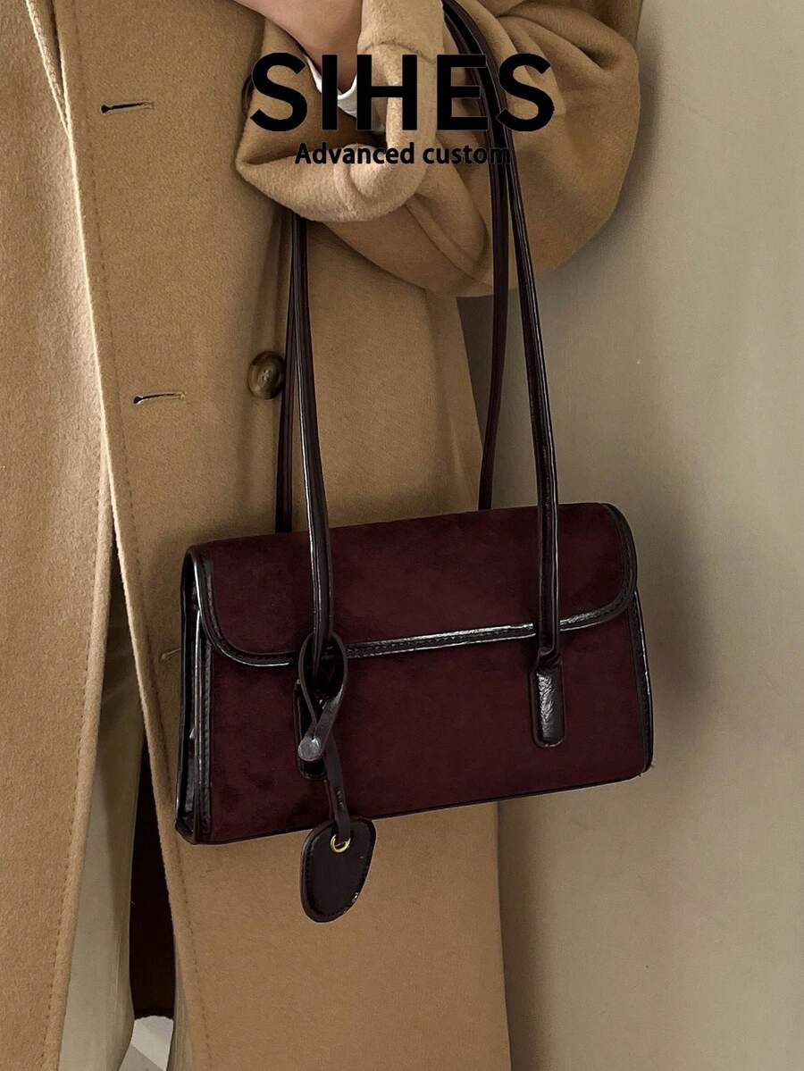1pc Solid Color Suede New Women's Bag, Shoulder Bag, Fashion Square Handbag, Baguette Bag, Magnetic Closure, Dual Handles, Suitable For Commuting, Shopping, Dating, Shopping