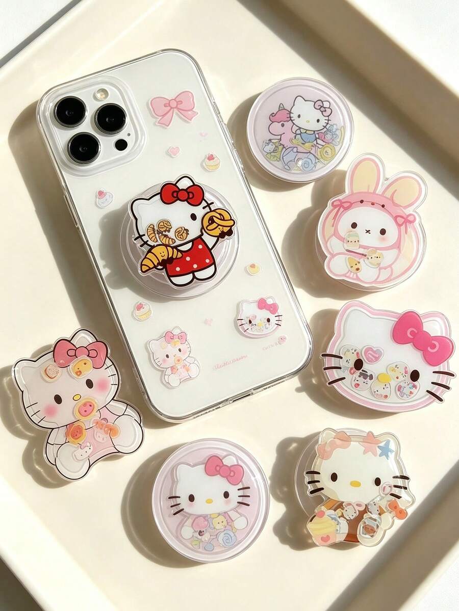 SANRIO 1pc Multi-Functional Dessert Cartoon Printed Acrylic Airbag Phone Grip, Multiple Sweet Kitten & Bunny Patterns, Clear Acrylic Material, Foldable & Retractable Airbag, Self-Adhesive Sticker For Phone Back, Support Horizontal & Vertical Video Playback, With Stand, Finger Grip & Anti-Drop Functions, Creative Holiday Birthday Gift, Unisex, Top Choice For Daily Use & Gifting - Multicolor - View 1