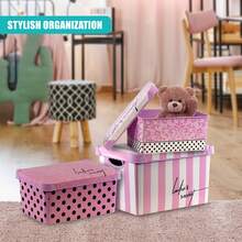 Geezy Pink Storage Boxes With Lids Set Of 3 (22, 10, 5L) - Nesting Stackable Plastic Containers With Handles, Bedroom, Wardrobe, Office - Decorative Patterned Boxes For Toys, Clothes, Girls Room - View 6