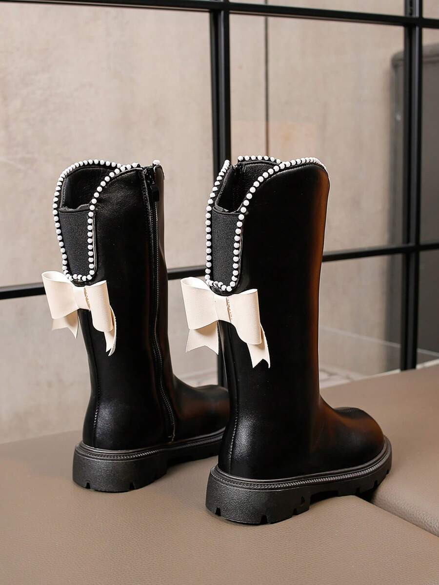 1 Pair Kids' PU Leather Bow Decor Tall Boots, Long Princess Boots For Boys And Girls, Suitable For Daily School Wear, Autumn/Winter New Style - Black - View 1