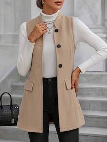 Rompi Tanpa Lengan Wanita Musim Gugur/Dingin Elegan Minimalis Kerah Tegak Kecil Saku Palsu Warna Polos Kasual untuk Perjalanan Sehari-hari Kancing Depan Campuran Wol - Khaki - View 6