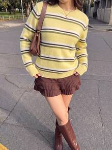Sweater Rajut Lengan Panjang Leher Bulat Motif Garis-garis Kuning Multiwarna untuk Wanita Musim Panas dan Gugur, Model Pullover Kasual Dasar - Kuning - View 9