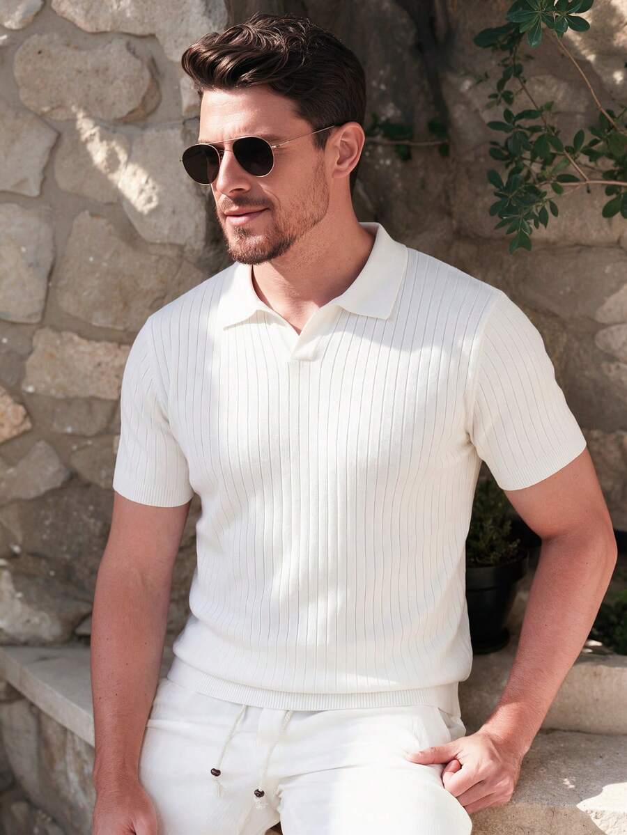ALTZTAR Men's Loose Fit Thin Solid Color Casual Polo Collar Short Sleeve Ribbed Knit Top - White - View 1