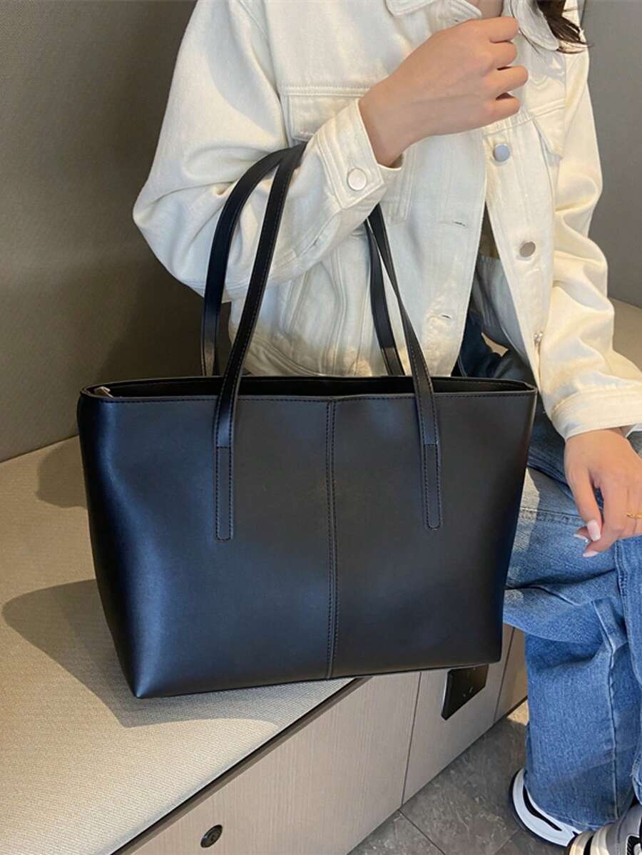 Ny stor patchwork-toteväska i mjukt läder, minimalistisk avslappnad axelväska, mångsidig handväska för pendling för kvinnor