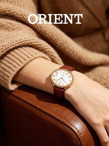 Orient Women's Oval Quartz Watch, Gold Case Pearl Mother Dial Crystal Bezel Beige Leather Strap Date Display 30M Water Resistant FUNEK005W0 - Silver - View 4