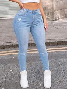 Women's Casual Light Wash Distressed Slim Fit Ankle Length Jeans, High Stretch Button & Zipper Closure, Suitable For Autumn And Winter - Light Wash - View 3