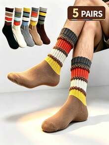 5 Pairs Men's Retro Colorblock Striped Mid-Calf Socks, Unique Patchwork Design, Multiple Colors Available, Versatile Everyday Wear, Easy To Create Stylish Outfits - Multicolor - View 7