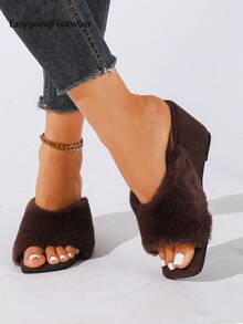 Women's Fuzzy Wedge Heel Square Toe Open Toe Mule Slippers For Outdoor Wear - Coffee Brown - View 4