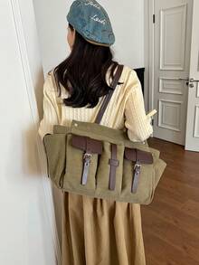 女款多口袋帆布托特肩背包，機車風格，時尚伸展台設計，大容量 - 軍綠色 - 查看 4