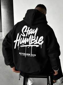 Stay Humble 塗鴉字母寬鬆連帽衛衣 男款 春秋 純白色 街頭休閒套頭運動衫 - 黑色 - 查看 2