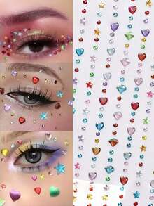 Approx. 700pcs Rainbow 3D Glitter Gem Stickers, 5 Sheets Shiny Heart & Star Shaped Self-Adhesive Rhinestone Diamond Design Stickers, Suitable For Makeup And Clothing, Multi-Color Diamond Face Gems, Perfect For Valentine's Day, Holidays, Parties And Events - Multicolor - View 6