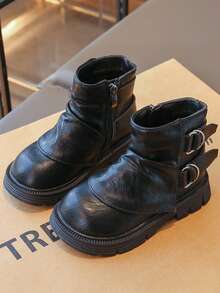 Girls' Fashion Motorcycle Style Pleated Ankle Boots, Vintage Punk Style, Suitable For Outdoor Outings And Daily Casual Wear - Black - View 5