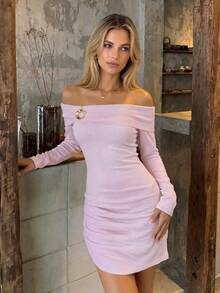 Nicenter Women's Cold Shoulder Metal Button Pleated Long Sleeve Wool Blend Knit Dress, Elegant Pink Autumn Women's Wear, Winter Party Vacation Outfit - Mauve Purple - View 7
