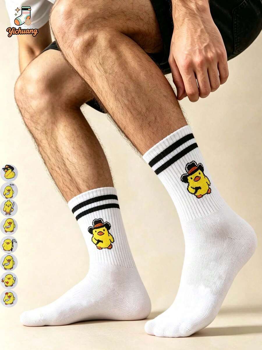 1/5/9 Pasang Kaos Kaki Pria Motif Kartun Bebek Kuning Lucu Setengah Betis Garis-garis Kasual Olahraga Streetwear Kaos Kaki Pasangan - MultiWarna - View 1