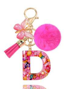 1pc Pink Letter Keychain, Initial Letter Car Key Chain Pendant, Cute Butterfly Tassel Fur Ball Charm For Girls Bag Key Ring Accessory, Halloween Gift Decoration, Suitable For Decorating Handbags, Wallets, Backpacks, Valentine's Day, Bachelorette Party Gift - Hot Pink - View 21