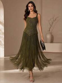 Elegant Women's Sleeveless Square Neck Beaded Tassel Long Formal Gown, Suitable For Evening Parties And Balls - Olive Green - View 1