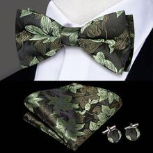 5Pcs Men Olive Green Floral Jacquard Bow Tie Pocket Square Cufflinks Ring Boutonniere Set, Cufflinks Pattern Random For Wedding Business Party - Olive Green - View 3
