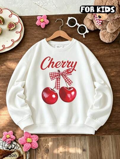 Girls Red Cherry & Plaid Bow Letter Print Crew Neck Sweatshirt, Soft Long Sleeve Casual Kids Pullover Top