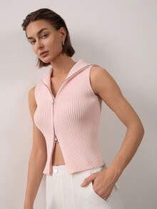 Women's Solid Color Zipper Ribbed Knit Vest - Pink - View 3