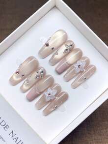 Handmade Press-On Nails, Square Shape, Hand-Painted Personalized French Cat Eye French Western Bohemian Style Manicure, Y2K Style Nails, Niche Creative Press-On Nails, Autumn And Winter Daily Manicure, Detachable And Reusable. - Multicolor - View 3