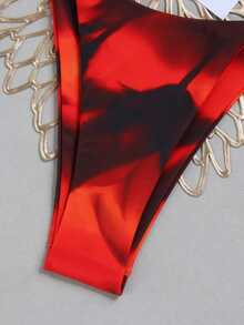 HOTTIE HABIT Women's Black Red Abstract, Halter, 2 Pieces Bikini Set, High Cut, Metal Buckle, Summer Beach Vacation - Multicolor - View 8