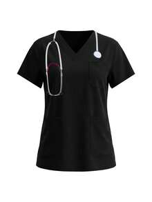 Solid Color V-Neck Short Sleeve Top And Elastic Waist Multi-Pocket Scrub Pants Scrub Uniform Set - Black - View 9
