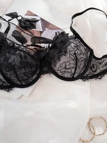 1 Set Women's Lace Patchwork Underwire Thin Cup Lingerie Set - Black - View 5