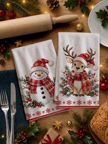 2pcs Cartoon Snowman & Deer With Red Plaid Scarf Pattern Kitchen Towels, 40*60cm Soft Microfiber Tea Towels, Suitable For Home Kitchen Restaurant Outdoor Camping Tabletop Cleaning Dish Cloth Hand Towel Accessories, Winter Christmas Holiday Theme Kitchen Towels Holiday Gift - Multicolor - View 9