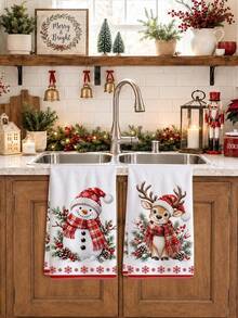 2pcs Cartoon Snowman & Deer With Red Plaid Scarf Pattern Kitchen Towels, 40*60cm Soft Microfiber Tea Towels, Suitable For Home Kitchen Restaurant Outdoor Camping Tabletop Cleaning Dish Cloth Hand Towel Accessories, Winter Christmas Holiday Theme Kitchen Towels Holiday Gift - Multicolor - View 4