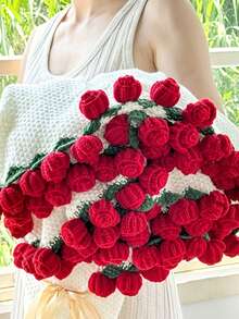 Customizable Name, Embroidered Craft, Crochet Rose Bouquet Blanket, Creative Dual-Purpose Throw, Romantic Valentine's Day Gift And Home Decor Rug - Multicolor - View 4