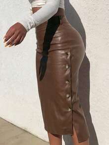Versatile Fashion Casual Office Commute Asymmetric Button Slit Midi Pencil Skirt For Women - Brown - View 6