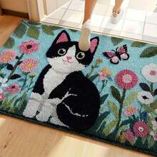 1pc Cat And Floral Print Design Microfiber Bath Rug, Non‑Slip Soft Bathroom Mat, Water‑Absorbent Doormat, Machine Washable, Low Pile, TPR Backing, Knit Fabric, For Bedroom, Kitchen, Entryway, Indoor Use, Home Decor, Perfect New House Gift. - A - View 7