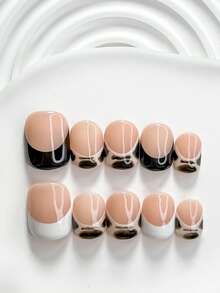 秋季 10片裝簡約高級感手工穿戴甲 Polygel 凝膠美甲套組，黑色色塊、黑白配色，韓系簡約風，方型、短方型、杏仁型，適合派對、舞蹈、日常配戴（手工細節可能有所不同） - 彩色 - 查看 20