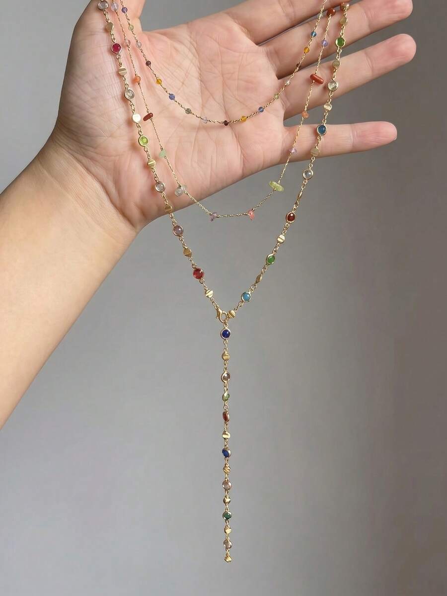2pcs Multi-Layer Stackable Colorful Necklaces, Sweet & Cool Choker Collar Chain, Suitable For Girls' Daily Wear, Valentine's Day, Party - Multicolor - View 1