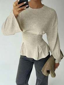 Women's Casual Round Neck Ruched Waist T-Shirt, Solid Color, Suitable For Daily Commute And Home Wear, Long Sleeve Knit, Autumn Women's Clothing - Apricot - View 2