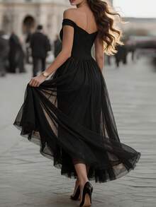 DONICY Elegant Blackoff-The-Shouldertullemaxidress, Romanticsweetheart Neckline, Fittedbodicewithlayeredtulleskirt, Perfect For Evening Parties And Weddings. - Black - View 2