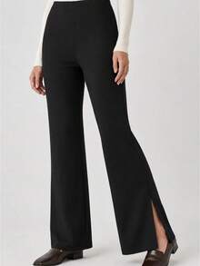 Women's Black High-Waisted Side Slit Flared Shaping Pant - Black - View 2