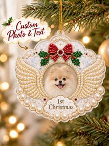 Custom DIY 3D Pearl Painting Pet Ornament, Personalized Photo Text Angel Wings Hanging Decor, My First Christmas Diamond Art Keepsake For Dog Cat Lover, Xmas Tree Decoration Gift For Family Pet Owner - Multicolor - View 2