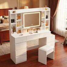 HaluPeit Dressing Table With LED Mirror And Storage Compartments, 8 Drawers For Large Capacity, 120cm White Bedroom Dressing Table. - White - View 4