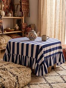 1pc Blue And White Wide Striped Tablecloth, Classic Country Style Fabric Material, Rectangular Double Layer With Ruffle Edge And Pleated Detail, Decorative And Functional For Home Kitchen, Dining Room And Daily Home Decor - Blue - View 5