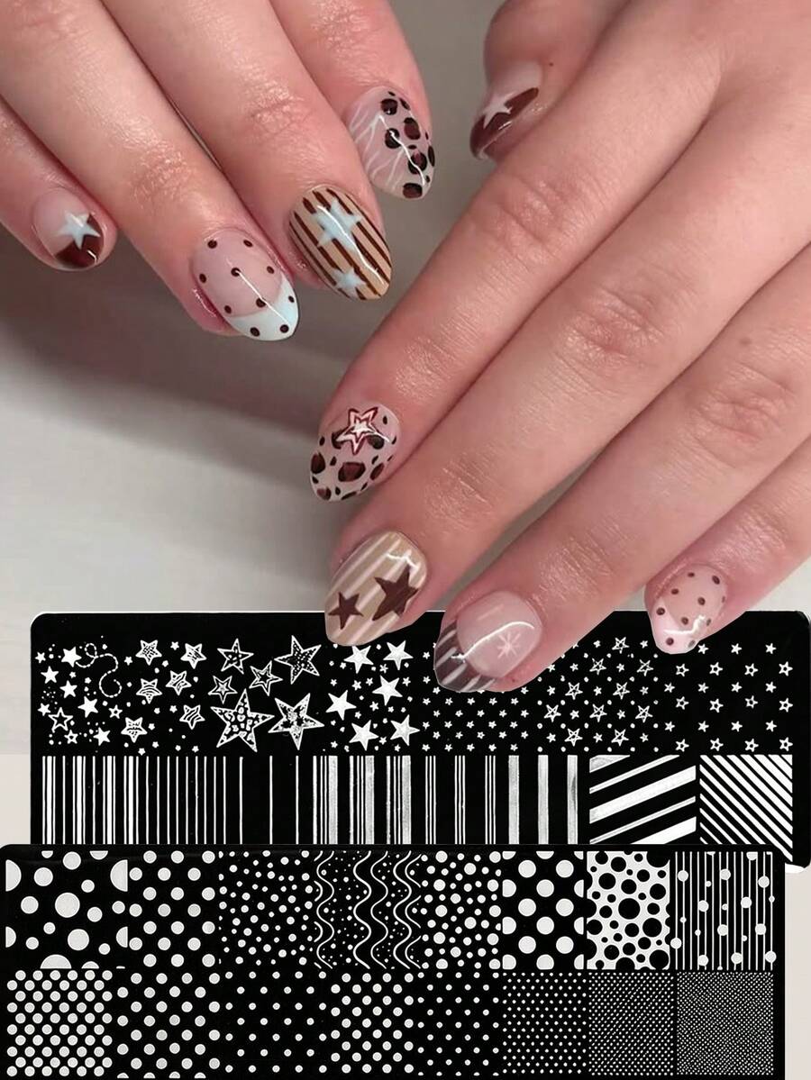 1pc Star&Stripe Geometric Nail Stamping Plate, Stainless Steel Reusable Nail Art Transfer Template, Multi-Size Stars & Line Pattern Nail Stamp Stencil For DIY Manicure And Nail Salon