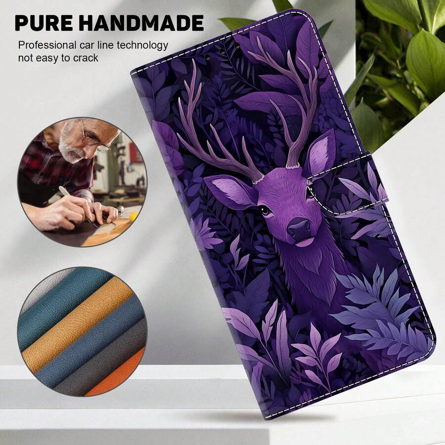 GLANDOTU Purple Forest Deer Pattern PU Leather Phone Case Wallet Flip Cover With Card Holder Kickstand Lanyard Compatible With Multiple Smartphone Brands - Multicolor - View 1