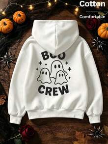2026 Autumn Custom Loose White Hooded Sweatshirt For Girls, Ghost And Letter Print, Fun And Quirky Halloween Outfit - White - View 4