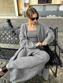 3 Pieces Set Elegant Style Bandeau Top + Buttonless Long Cardigan + Casual Versatile Loose Wide Leg Pants Women's Clothing - Dark Grey - View 3