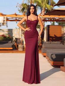 浪漫女款舞會禮服，收腰設計，蕾絲細節，後背繫帶，微彈性面料，適合婚禮派對秋季穿著 - 酒紅色 - 查看 4