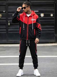 Men's Spring/Autumn Outdoor Letter Print Hooded Jacket And Drawstring Waist Cuffed Pants Sports Set - Black - View 2