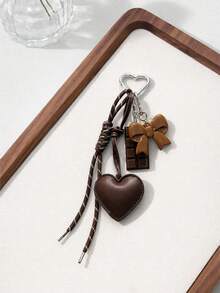 Cute Heart-Shaped Leather Keychain With Faux Chocolate And Bow Design, Braided Rope Bag Charm, Y2K Retro Style Key And Bag Accessory - Multicolor - View 7